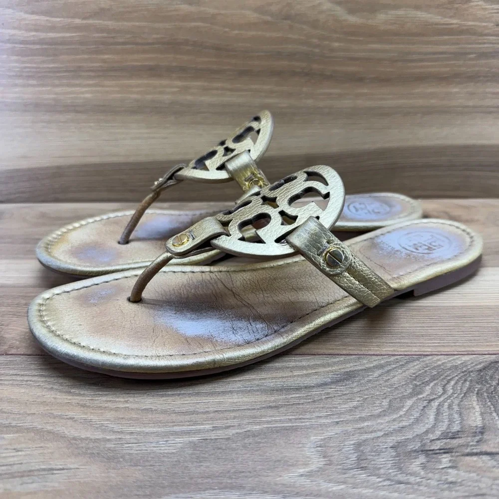 Tory Burch Miller Flip Flops 9 M Gold Pebble Leather Vacation Resort